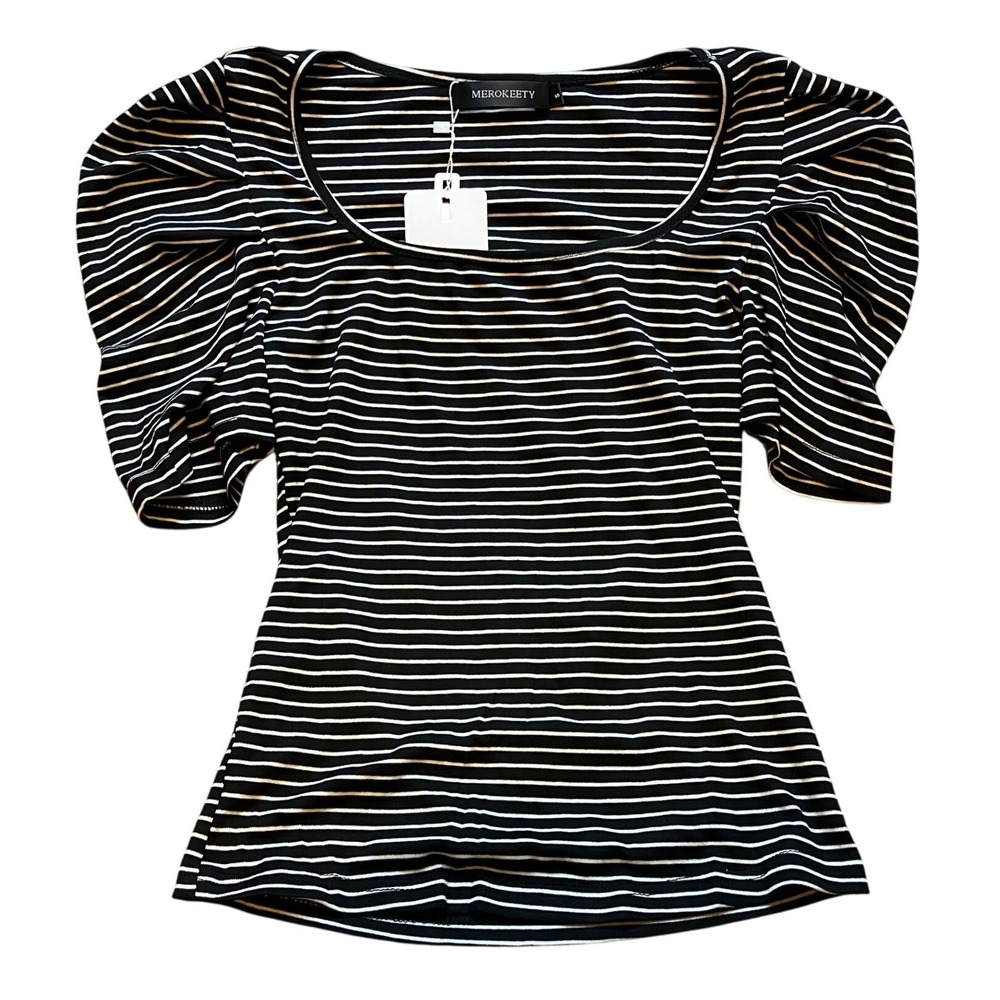 Merokeety‎ Shirt Womens Small Striped Puff Sleeve Square Neck Baby Doll Tee NWT